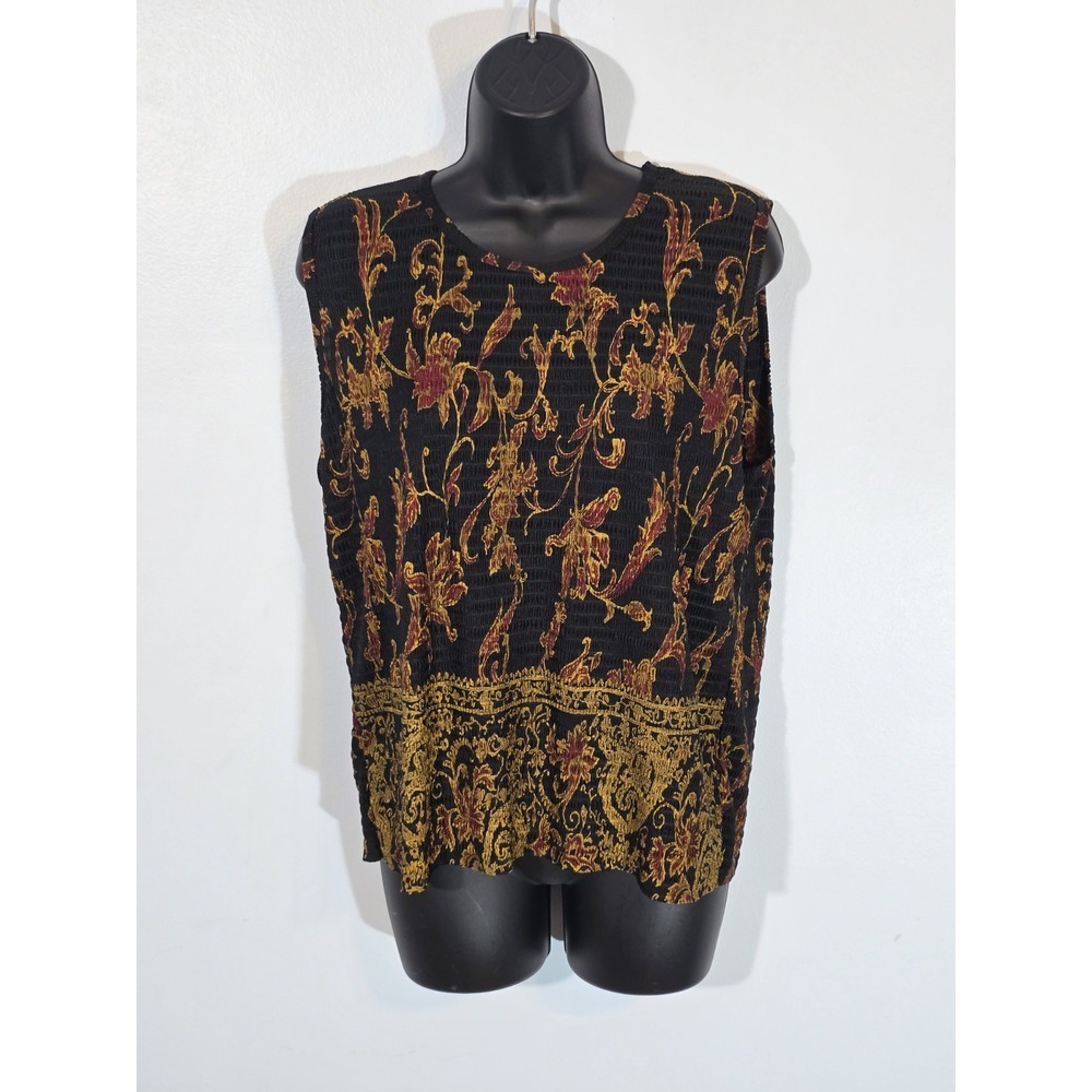 Vintage Pleat Pleat Rafael Large Sleeveless Blouse Black Gold Floral Crinkle